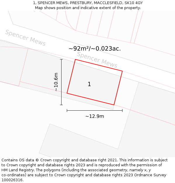 1, SPENCER MEWS, PRESTBURY, MACCLESFIELD, SK10 4GY: Plot and title map