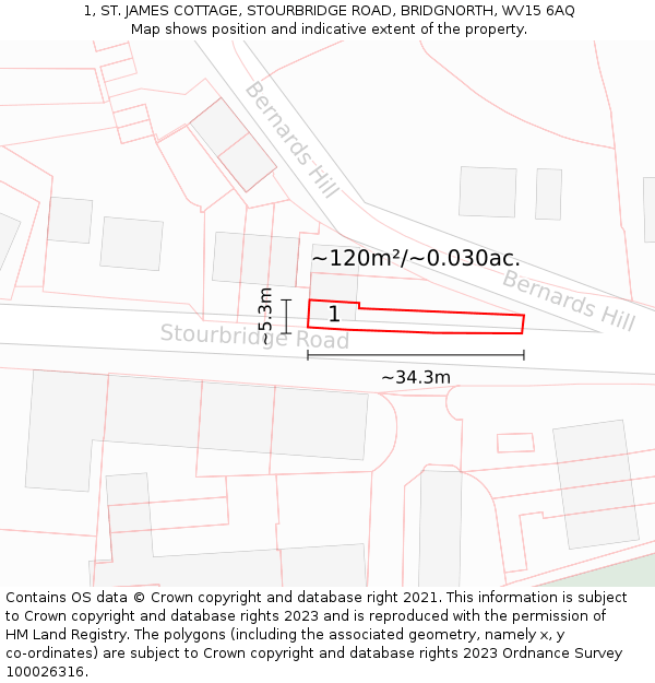 1, ST. JAMES COTTAGE, STOURBRIDGE ROAD, BRIDGNORTH, WV15 6AQ: Plot and title map