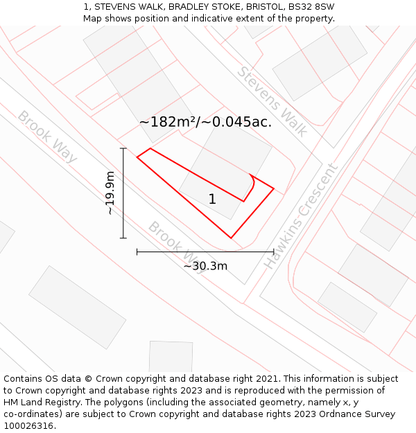 1, STEVENS WALK, BRADLEY STOKE, BRISTOL, BS32 8SW: Plot and title map