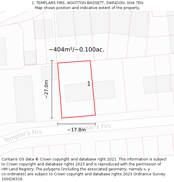 1, TEMPLARS FIRS, WOOTTON BASSETT, SWINDON, SN4 7EN: Plot and title map