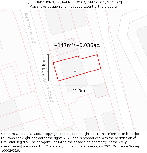 1, THE PAVILIONS, 14, AVENUE ROAD, LYMINGTON, SO41 9GJ: Plot and title map