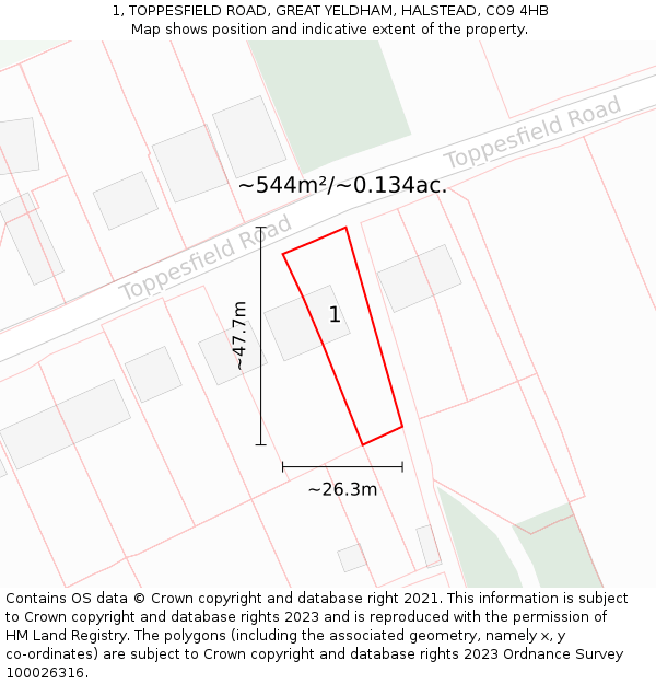 1, TOPPESFIELD ROAD, GREAT YELDHAM, HALSTEAD, CO9 4HB: Plot and title map