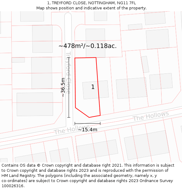 1, TREYFORD CLOSE, NOTTINGHAM, NG11 7FL: Plot and title map