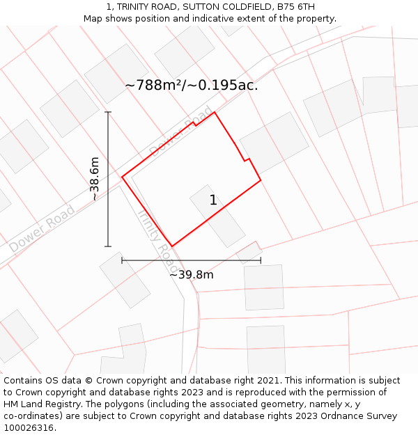 1, TRINITY ROAD, SUTTON COLDFIELD, B75 6TH: Plot and title map