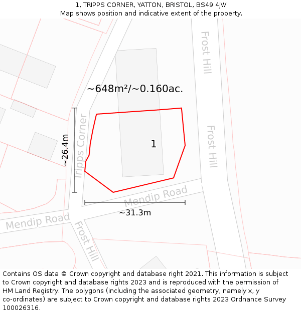 1, TRIPPS CORNER, YATTON, BRISTOL, BS49 4JW: Plot and title map