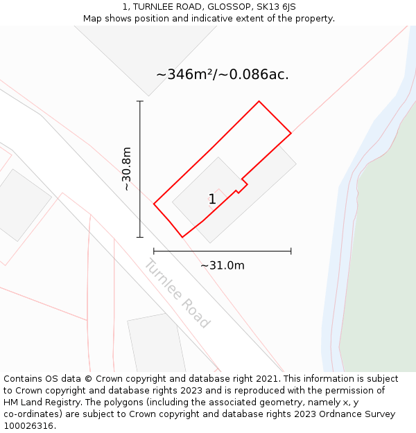 1, TURNLEE ROAD, GLOSSOP, SK13 6JS: Plot and title map