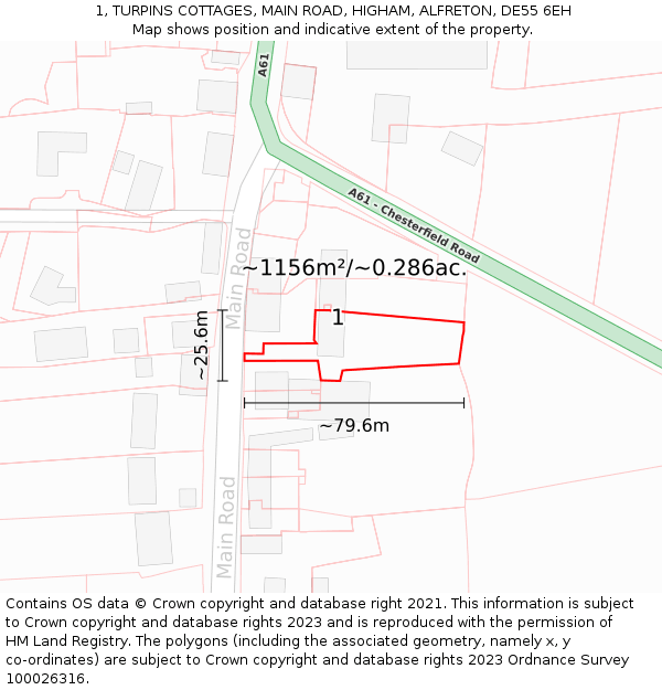 1, TURPINS COTTAGES, MAIN ROAD, HIGHAM, ALFRETON, DE55 6EH: Plot and title map