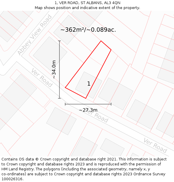 1, VER ROAD, ST ALBANS, AL3 4QN: Plot and title map