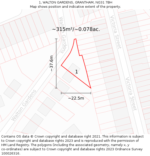 1, WALTON GARDENS, GRANTHAM, NG31 7BH: Plot and title map