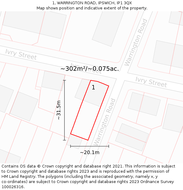 1, WARRINGTON ROAD, IPSWICH, IP1 3QX: Plot and title map