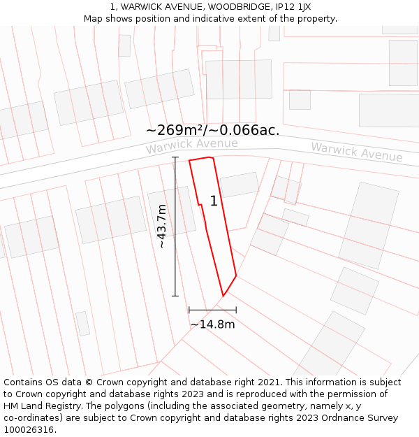 1, WARWICK AVENUE, WOODBRIDGE, IP12 1JX: Plot and title map