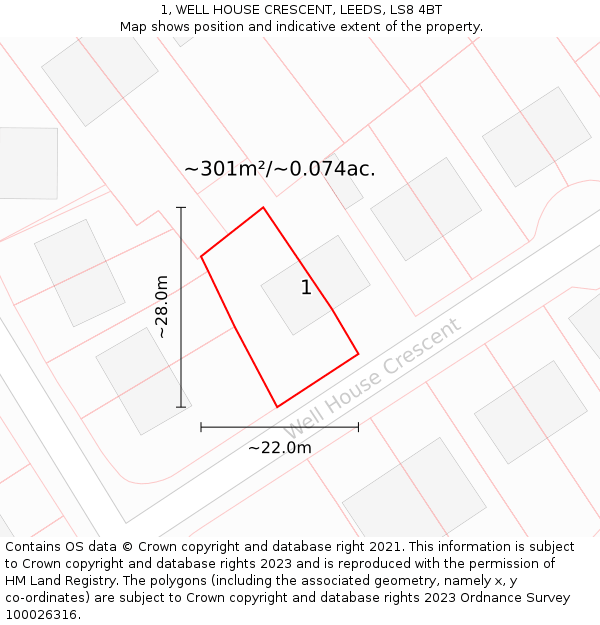 1, WELL HOUSE CRESCENT, LEEDS, LS8 4BT: Plot and title map