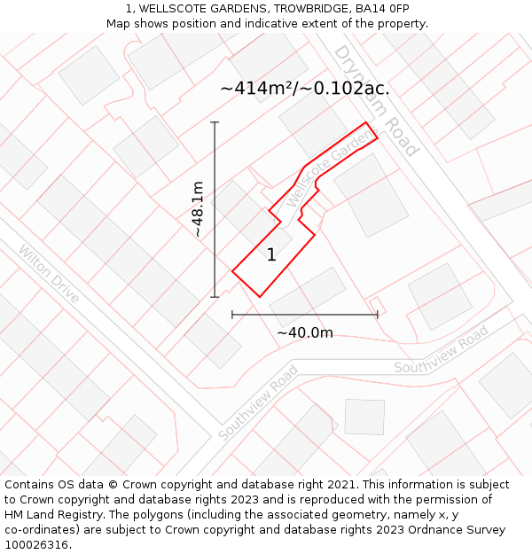 1, WELLSCOTE GARDENS, TROWBRIDGE, BA14 0FP: Plot and title map