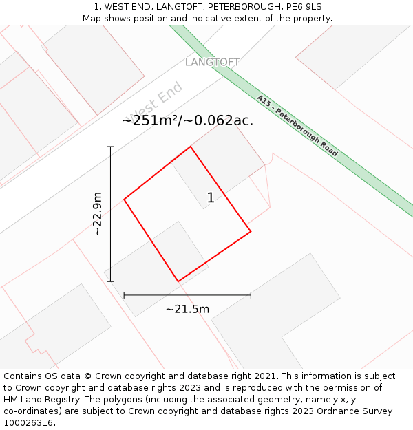 1, WEST END, LANGTOFT, PETERBOROUGH, PE6 9LS: Plot and title map