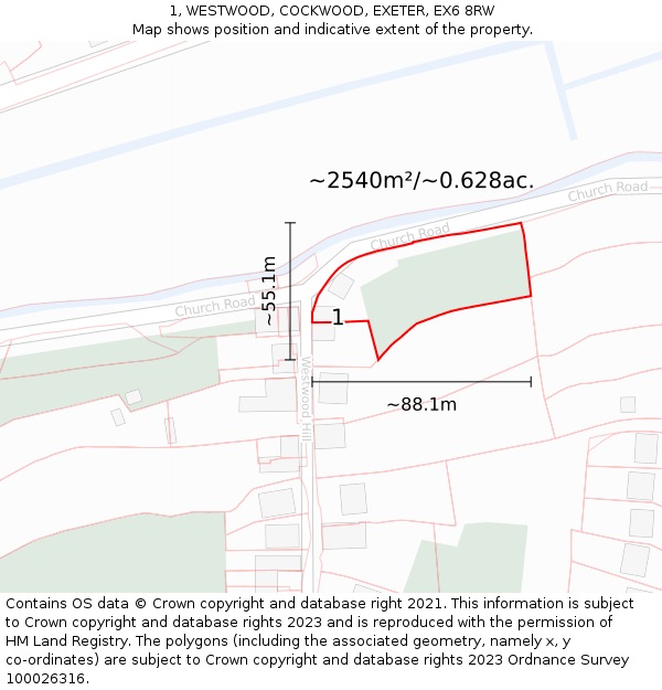 1, WESTWOOD, COCKWOOD, EXETER, EX6 8RW: Plot and title map