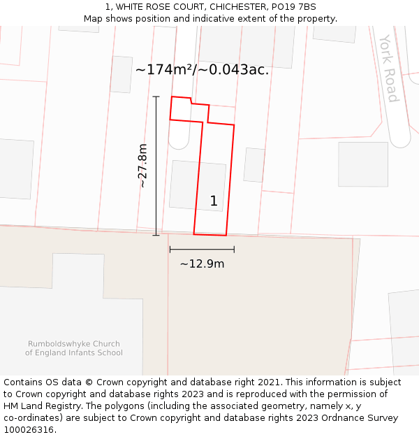1, WHITE ROSE COURT, CHICHESTER, PO19 7BS: Plot and title map