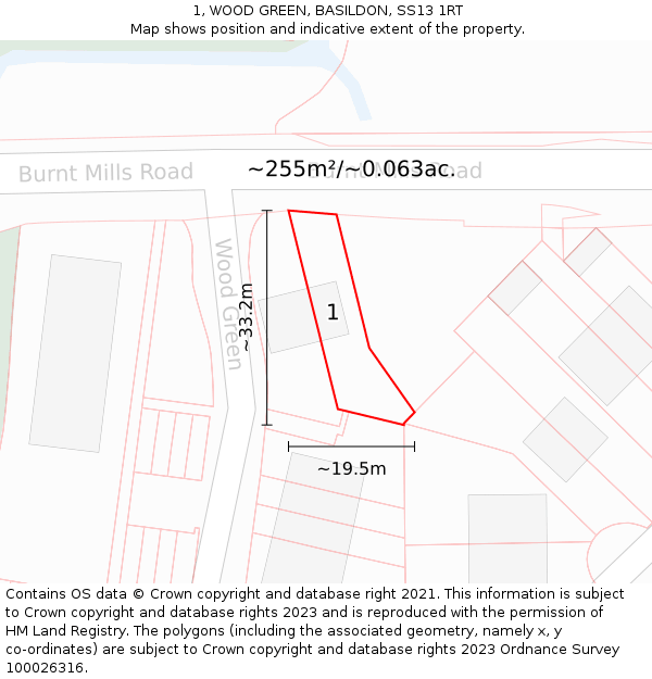 1, WOOD GREEN, BASILDON, SS13 1RT: Plot and title map