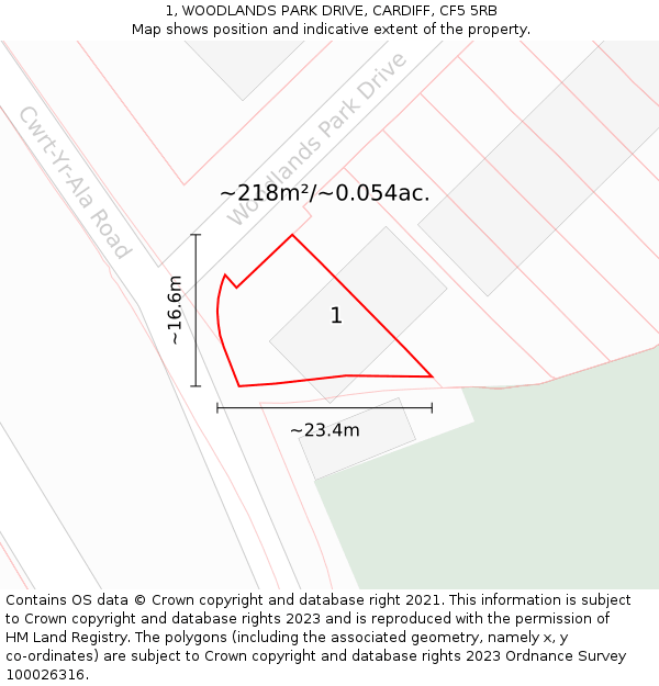 1, WOODLANDS PARK DRIVE, CARDIFF, CF5 5RB: Plot and title map