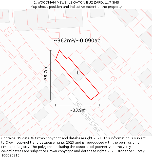 1, WOODMAN MEWS, LEIGHTON BUZZARD, LU7 3NS: Plot and title map