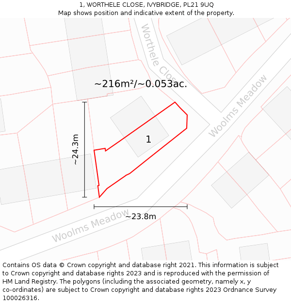 1, WORTHELE CLOSE, IVYBRIDGE, PL21 9UQ: Plot and title map