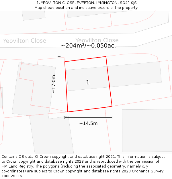 1, YEOVILTON CLOSE, EVERTON, LYMINGTON, SO41 0JS: Plot and title map