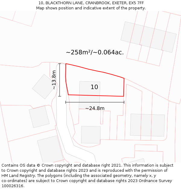 10, BLACKTHORN LANE, CRANBROOK, EXETER, EX5 7FF: Plot and title map