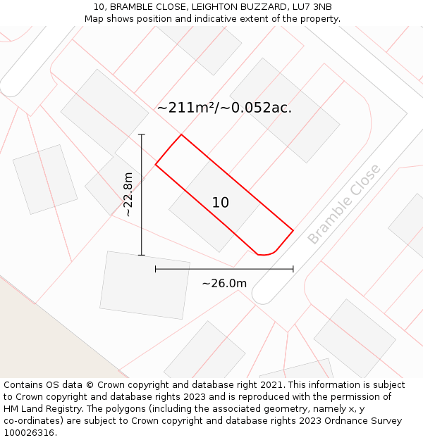 10, BRAMBLE CLOSE, LEIGHTON BUZZARD, LU7 3NB: Plot and title map