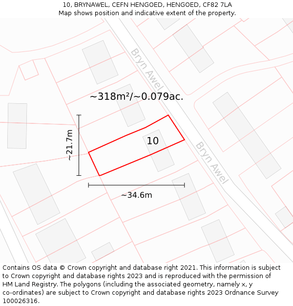 10, BRYNAWEL, CEFN HENGOED, HENGOED, CF82 7LA: Plot and title map