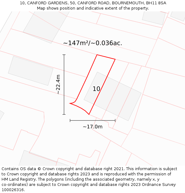 10, CANFORD GARDENS, 50, CANFORD ROAD, BOURNEMOUTH, BH11 8SA: Plot and title map