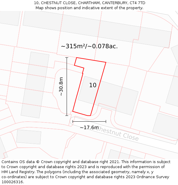 10, CHESTNUT CLOSE, CHARTHAM, CANTERBURY, CT4 7TD: Plot and title map