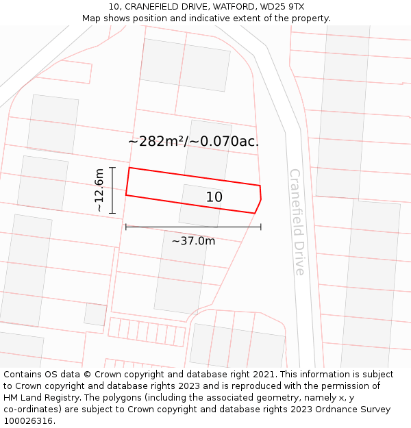 10, CRANEFIELD DRIVE, WATFORD, WD25 9TX: Plot and title map