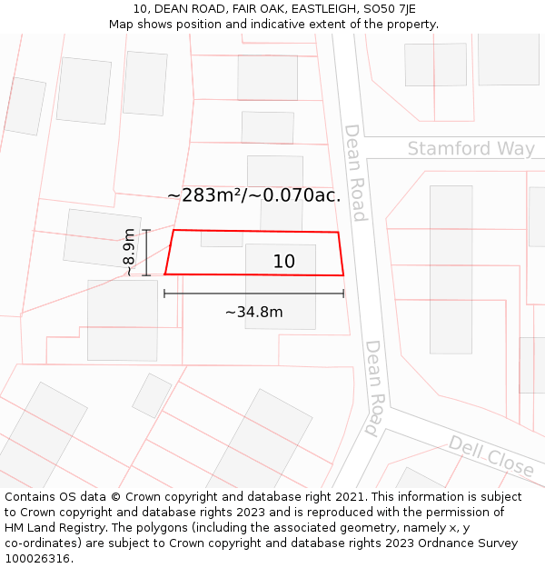 10, DEAN ROAD, FAIR OAK, EASTLEIGH, SO50 7JE: Plot and title map