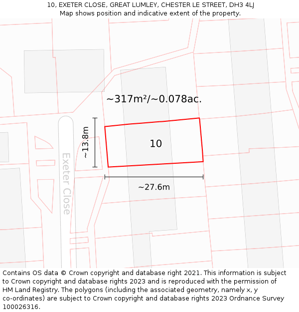 10, EXETER CLOSE, GREAT LUMLEY, CHESTER LE STREET, DH3 4LJ: Plot and title map