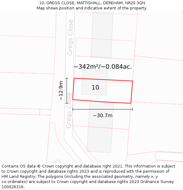 10, GREGS CLOSE, MATTISHALL, DEREHAM, NR20 3QN: Plot and title map