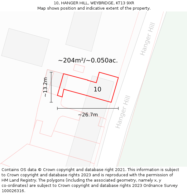 10, HANGER HILL, WEYBRIDGE, KT13 9XR: Plot and title map