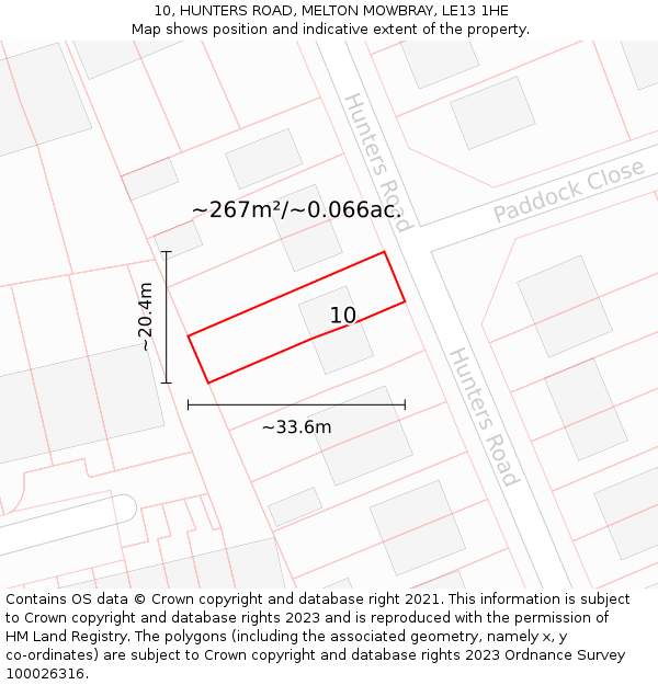 10, HUNTERS ROAD, MELTON MOWBRAY, LE13 1HE: Plot and title map