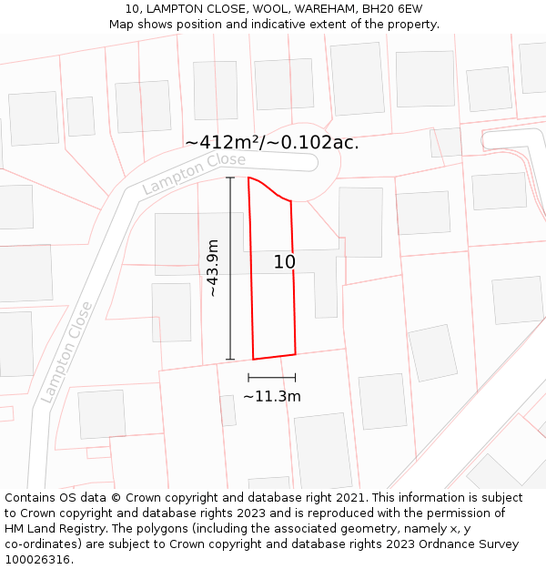 10, LAMPTON CLOSE, WOOL, WAREHAM, BH20 6EW: Plot and title map