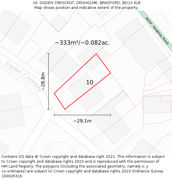 10, OGDEN CRESCENT, DENHOLME, BRADFORD, BD13 4LB: Plot and title map