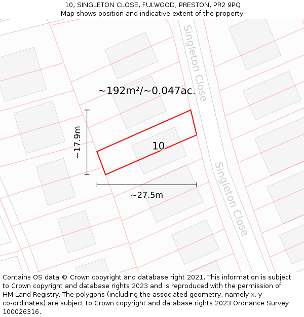 10, SINGLETON CLOSE, FULWOOD, PRESTON, PR2 9PQ: Plot and title map