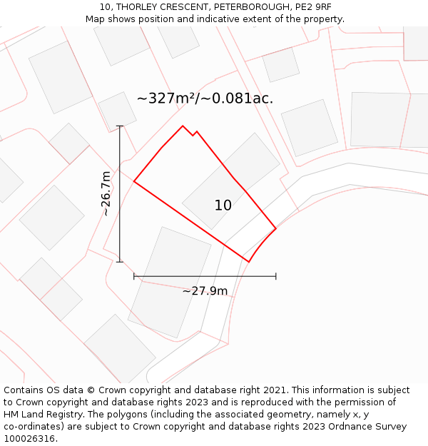 10, THORLEY CRESCENT, PETERBOROUGH, PE2 9RF: Plot and title map