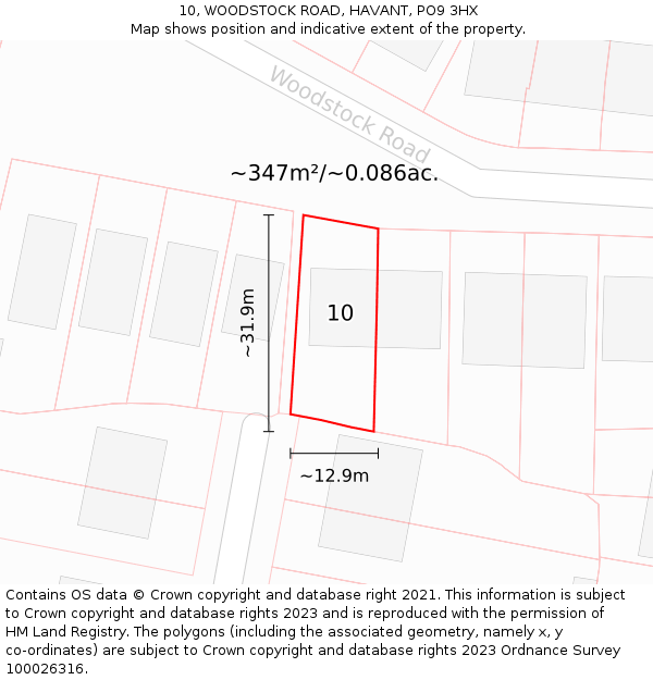 10, WOODSTOCK ROAD, HAVANT, PO9 3HX: Plot and title map