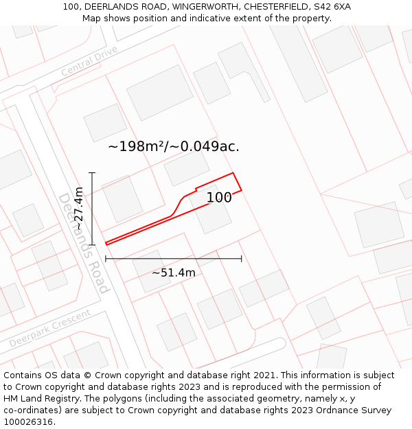 100, DEERLANDS ROAD, WINGERWORTH, CHESTERFIELD, S42 6XA: Plot and title map
