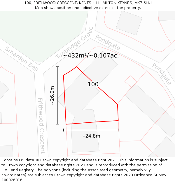 100, FRITHWOOD CRESCENT, KENTS HILL, MILTON KEYNES, MK7 6HU: Plot and title map