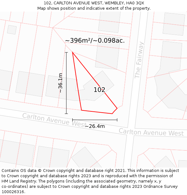 102, CARLTON AVENUE WEST, WEMBLEY, HA0 3QX: Plot and title map