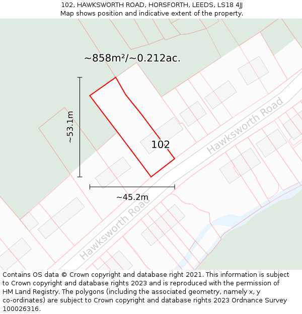 102, HAWKSWORTH ROAD, HORSFORTH, LEEDS, LS18 4JJ: Plot and title map