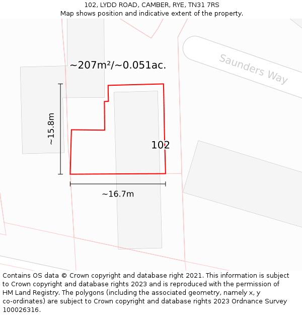 102, LYDD ROAD, CAMBER, RYE, TN31 7RS: Plot and title map