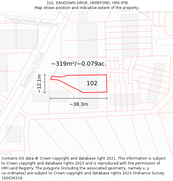102, SANDOWN DRIVE, HEREFORD, HR4 9TB: Plot and title map
