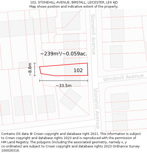 102, STONEHILL AVENUE, BIRSTALL, LEICESTER, LE4 4JD: Plot and title map