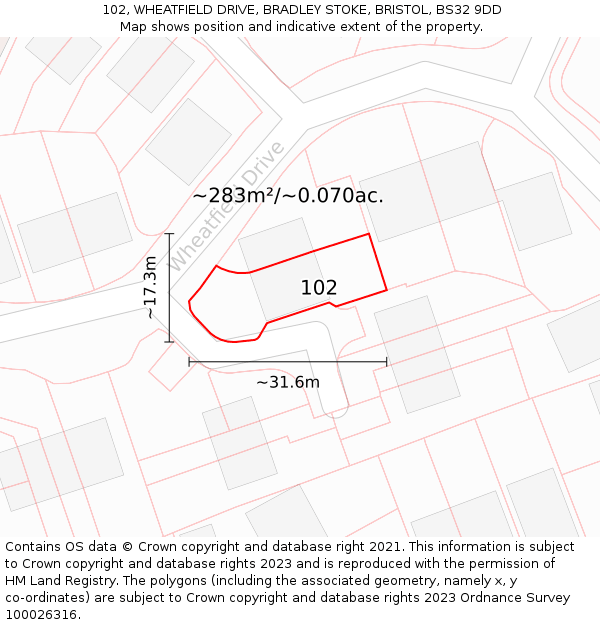 102, WHEATFIELD DRIVE, BRADLEY STOKE, BRISTOL, BS32 9DD: Plot and title map