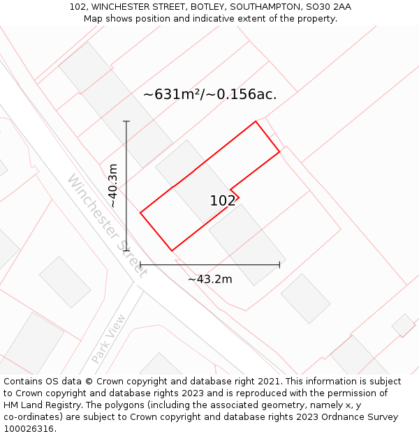 102, WINCHESTER STREET, BOTLEY, SOUTHAMPTON, SO30 2AA: Plot and title map